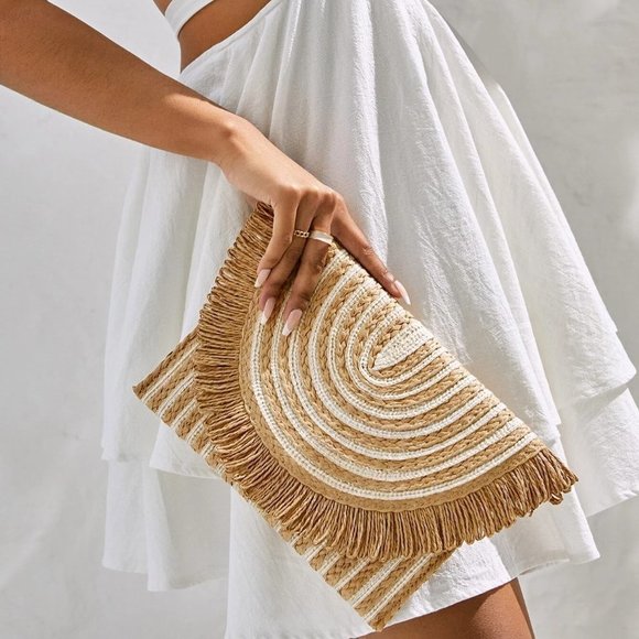 . Handbags - Tan Boho Womens Striped Pattern Fringe Trim Flap Straw Bag